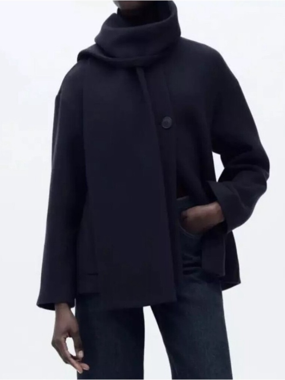 Zara Navy Scarf-Neck Wool-Blend Peacoat